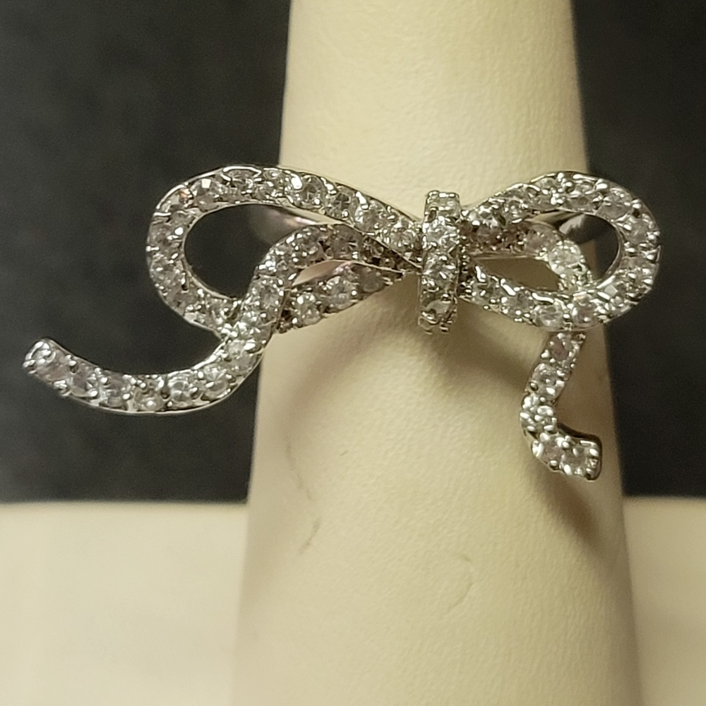 Nolan Miller Signed Silver Crystal Bow Ring Sz. 7, New